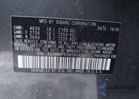 2021 Subaru Legacy Premium from USA, damaged, VIN 4S3BWAF65M3004557